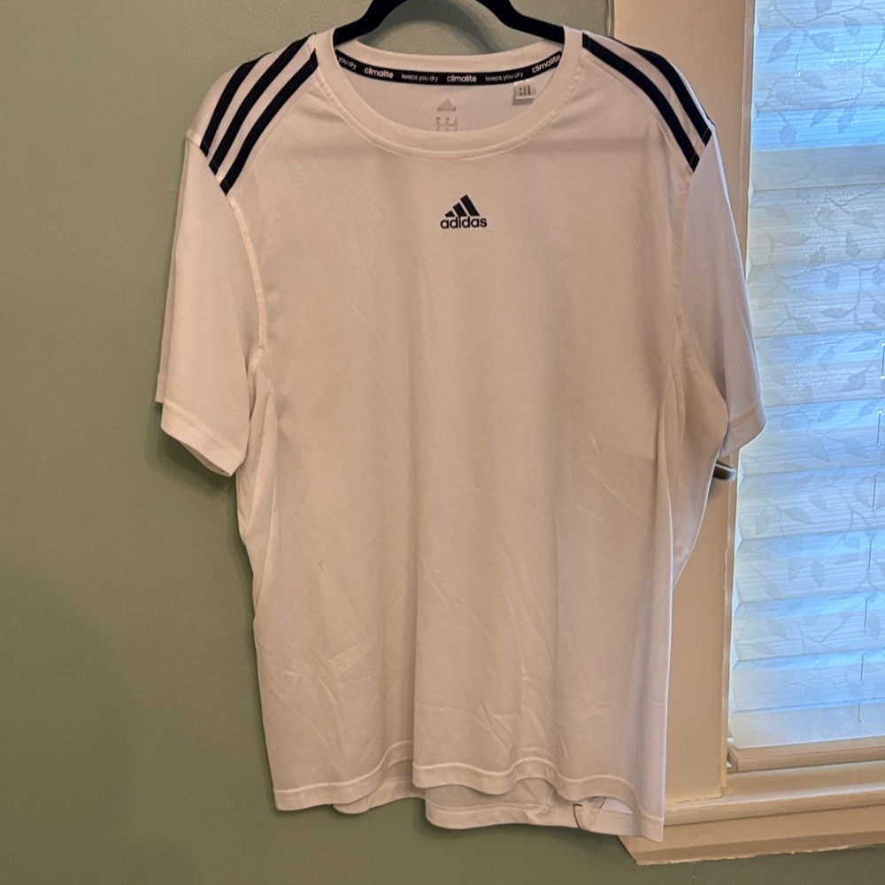 adidas Mens XL Athletic T Shirt White Black 3 Stripe Climalite Tee